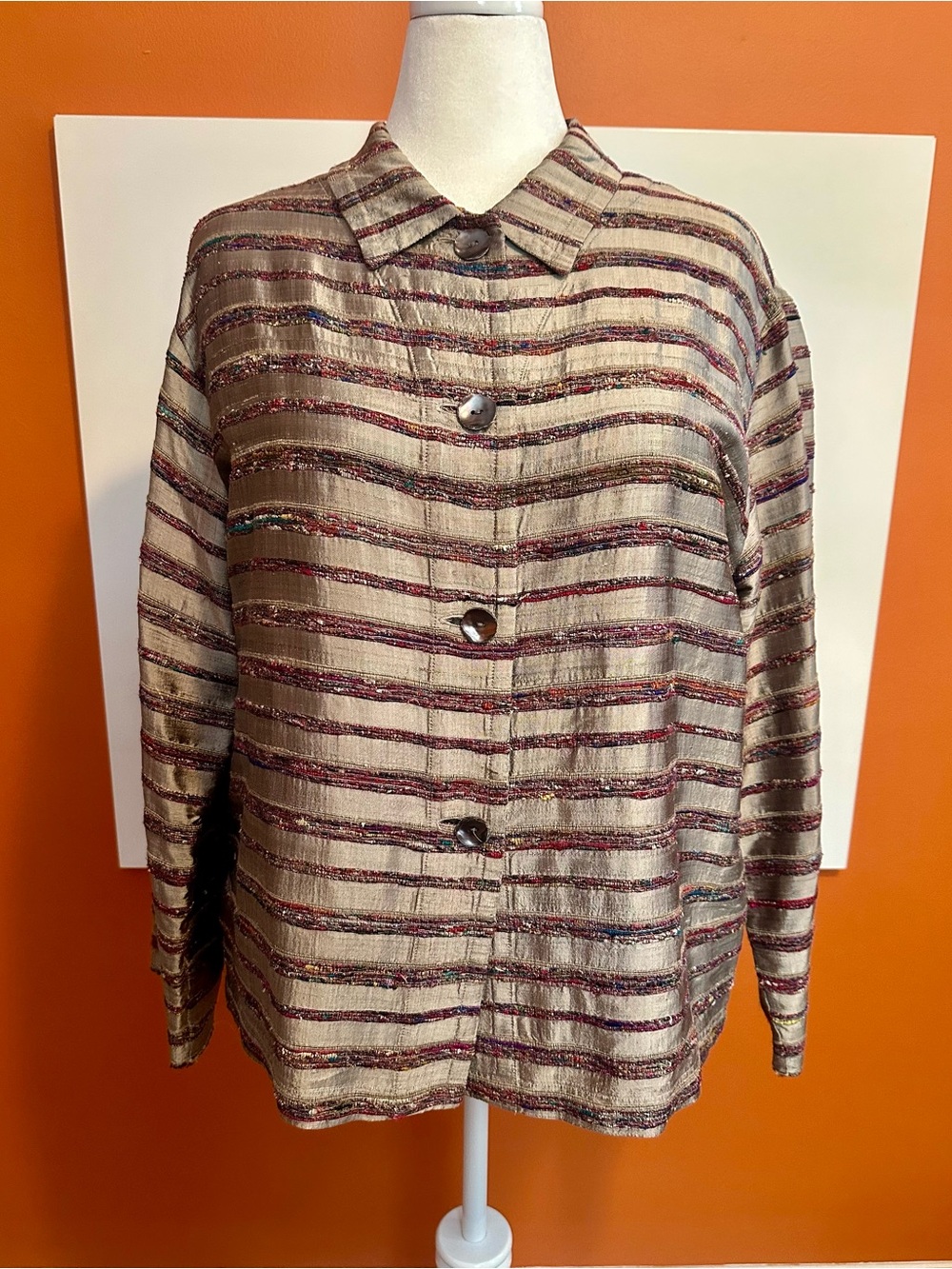 Title: Chico’s Design Silk Blend Textured Striped Button Front Jacket Top 3/XL